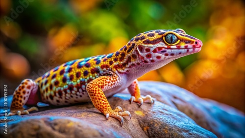 Colorful Leopard Gecko on a Natural Rock Surface in a Brightly Lit Environment Captured in Detail