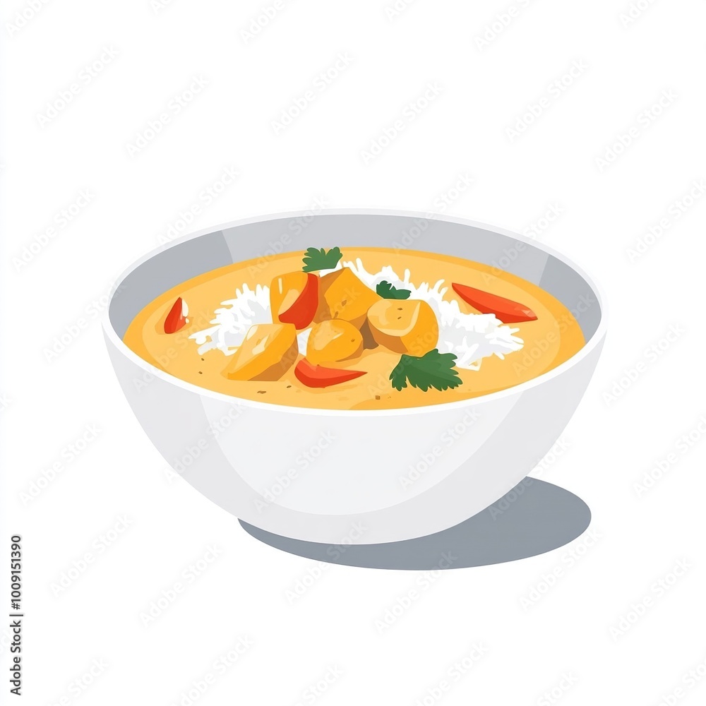 A bowl of creamy curry with rice and vegetables, garnished with herbs.