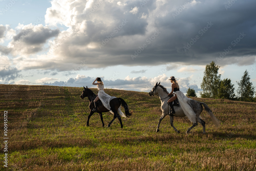 Two Women in Stylish Outfits Riding Horses Across Sunlit Field Two Women in Stylish Outfits Riding Horses Across Sunlit Field