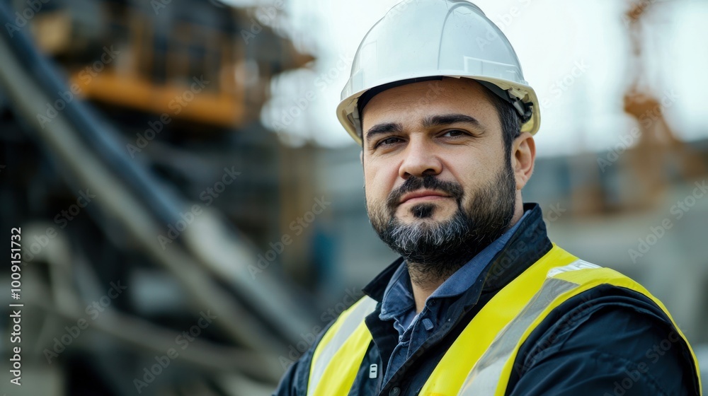 Portrait of a male engineer with a hard hat and safety gear, inspecting a construction site or machinery. Portrait of a male engineer with a hard hat and safety gear, inspecting a construction site or machinery.