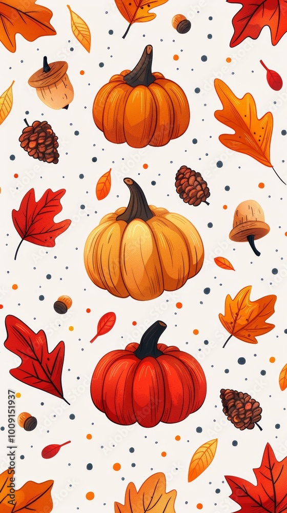 Autumn background illustration with hand drawn leaves, acorns and pumpkins isolated on white background, cartoon style Autumn background illustration with hand drawn leaves, acorns and pumpkins isolated on white background, cartoon style