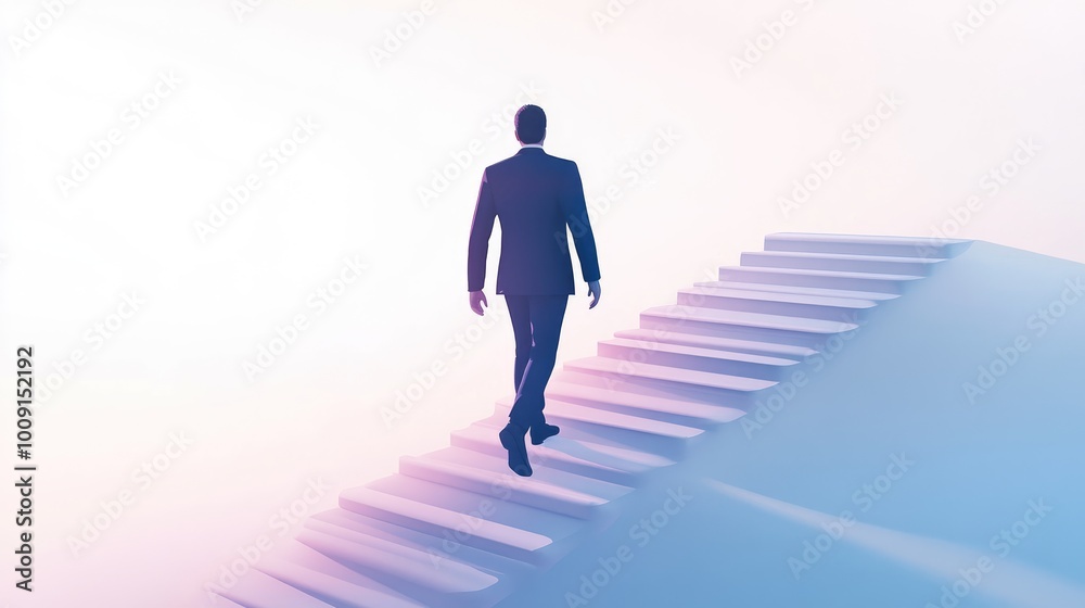 Business leader walking up steps, career strategy metaphor, 3D minimalist art, isolated on white background Business leader walking up steps, career strategy metaphor, 3D minimalist art, isolated on white background
