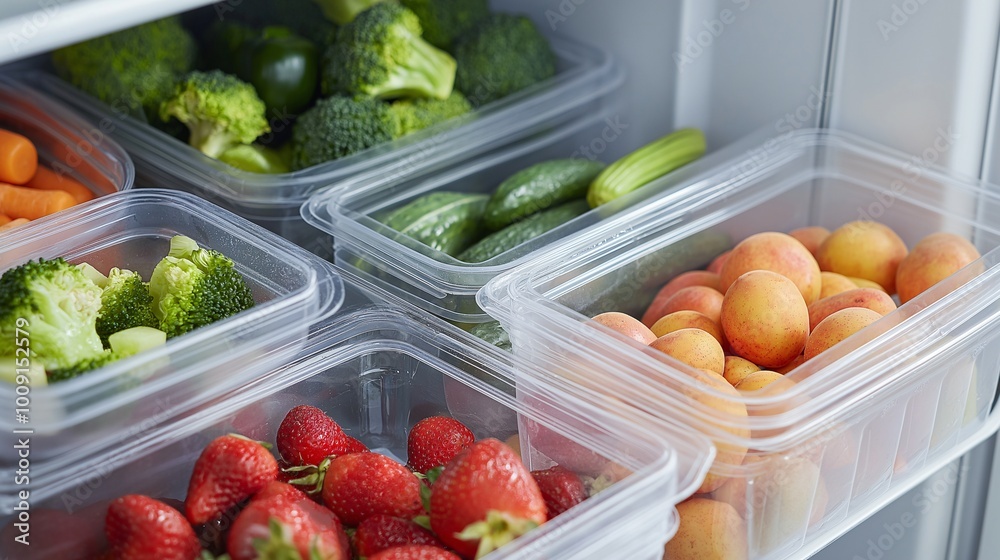 Assortment of Healthy Meal Prep Containers with Broccoli Fruits and Vegetables in Refrigerator Assortment of Healthy Meal Prep Containers with Broccoli Fruits and Vegetables in Refrigerator