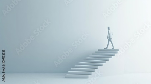 Business leader walking up steps, career strategy metaphor, 3D minimalist art, isolated on white background 