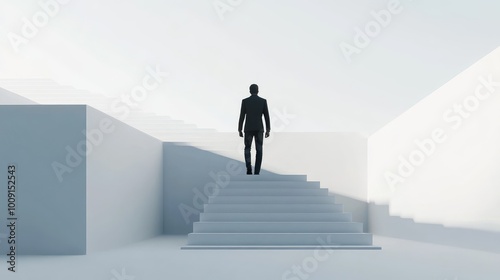Wallpaper Mural Business leader walking up steps, career strategy metaphor, 3D minimalist art, isolated on white background  Torontodigital.ca