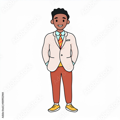 A cheerful cartoon character in a stylish outfit, exuding confidence and approachability.