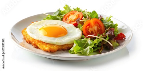 Egg hashbrown and salad in plate on white background with copy space