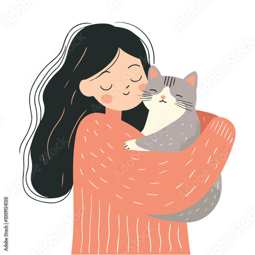 Girl hugging cat with love Flat illustration