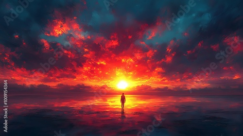 11. A surreal beauty of a horizon overlay, where the sun sets over a person’s figure, blending soft transitions between the sky, the landscape, and the silhouette in a harmonious scene 