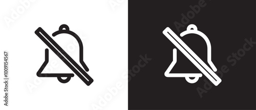 Mute notification bell icon. Alarm symbol, incoming message symbol, subscription alert bell, silent notification, reminder. Notification icon vector illustration on black and white background.