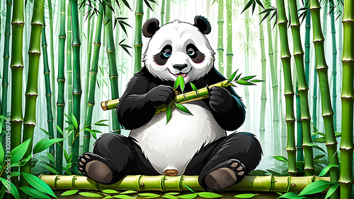 A cute cartoon panda bear sitting in a bamboo forest, eating bamboo shoots.