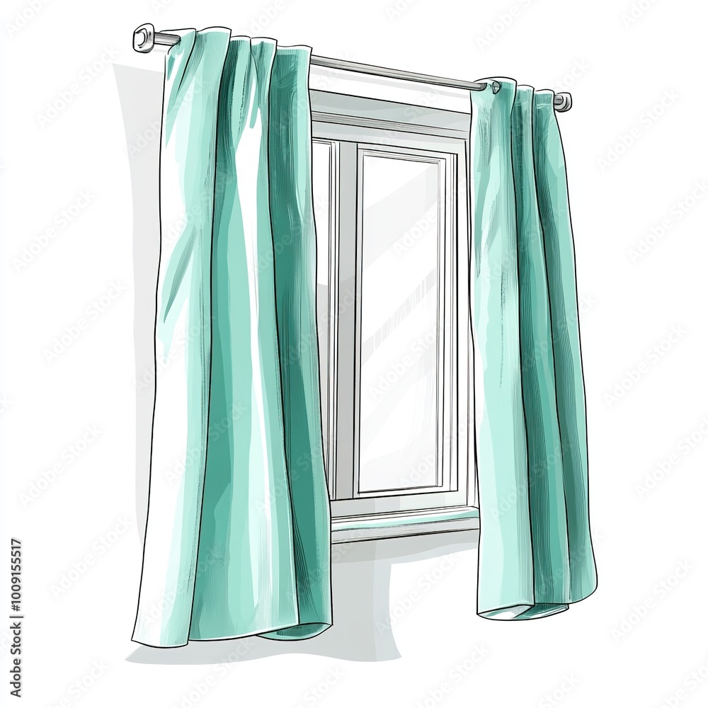 A simple illustration of a window with light blue curtains. A simple illustration of a window with light blue curtains.