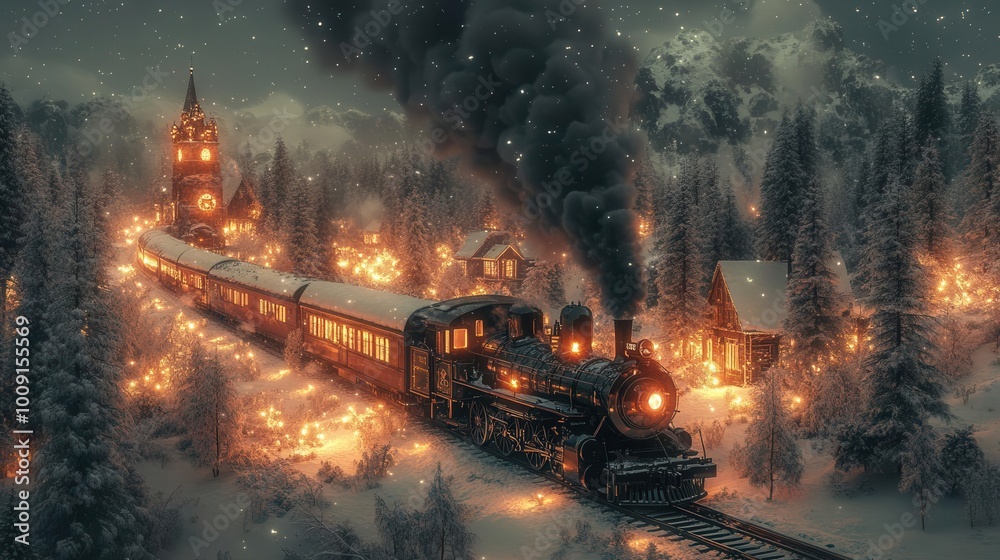 old steam locomotive chugging through a snowy forest at night with soft ...