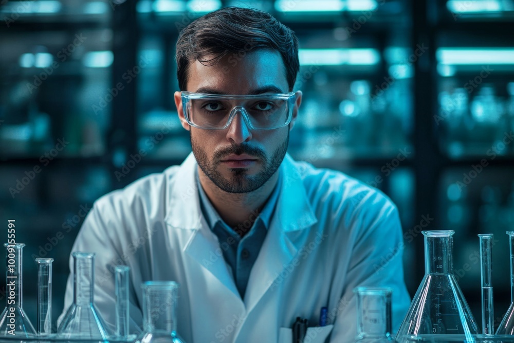 A focused young scientist stares intensely in a laboratory. Bright glassware glimmers in the background. This image captures innovation and research. Generative AI A focused young scientist stares intensely in a laboratory. Bright glassware glimmers in the background. This image captures innovation and research. Generative AI