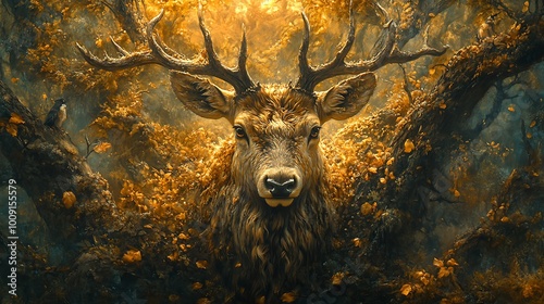 16. A wildlife art piece where animals blend into a forest portrait, with the natural world merging with the human form in a layered and dynamic connection, celebrating life in harmony  photo