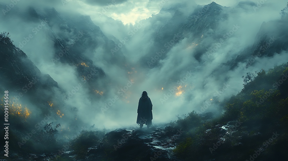 20. A layered image of misty effects rolling over a mountain, with a human figure subtly blended into the scene, creating an ethereal beauty that emphasizes the quiet power of nature 20. A layered image of misty effects rolling over a mountain, with a human figure subtly blended into the scene, creating an ethereal beauty that emphasizes the quiet power of nature