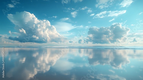 2. A surreal landscape where the sky merges with ocean reflections, capturing the ethereal beauty of water and air as one dreamlike scene with soft transitions between elements 