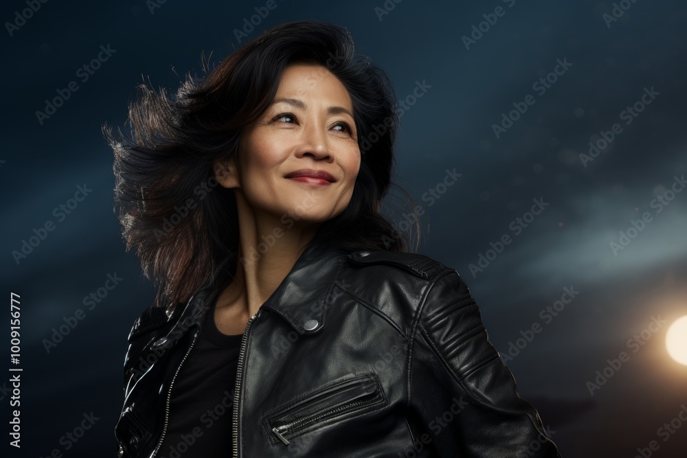 Portrait of a grinning asian woman in her 60s sporting a classic leather jacket on sparkling night sky Portrait of a grinning asian woman in her 60s sporting a classic leather jacket on sparkling night sky