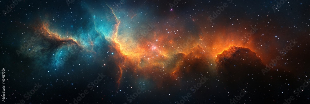 Fototapeta premium Vibrant cosmic panorama showcasing colorful stars and nebulas, sharp foreground details contrast with a softly blurred celestial background