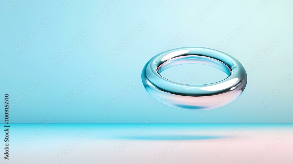 A shiny blue ring floats in the air against a blue and pink background. The ring casts a shadow on the surface below. A shiny blue ring floats in the air against a blue and pink background. The ring casts a shadow on the surface below.