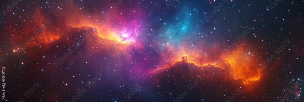 Naklejka premium Vibrant Cosmic Tapestry, an expansive deep-space vista showcasing vivid stars and swirling nebulas, intricate details contrast with soft backgrounds