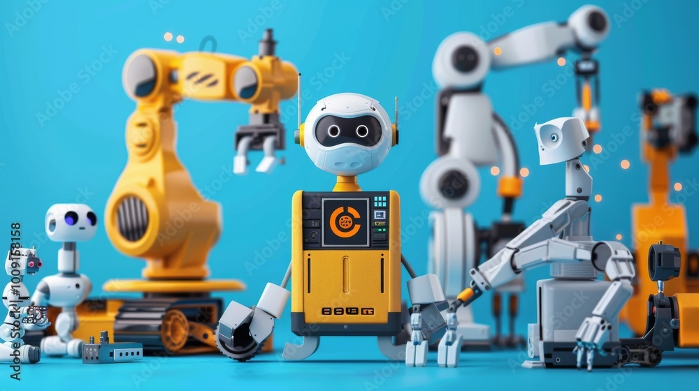 Fototapeta premium Colorful Robotics Workshop with Various Automated Machines