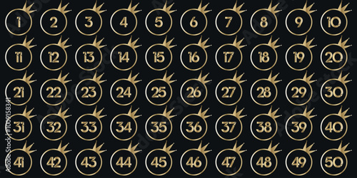 Numbers, 1 to 50 black light gold king crown circular leaf premium logo icon