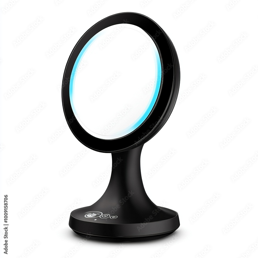A round makeup mirror with a lighted edge, designed for personal grooming and beauty tasks. A round makeup mirror with a lighted edge, designed for personal grooming and beauty tasks.