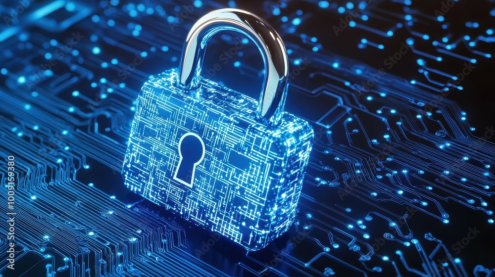 A shiny metal padlock sits on a circuit board, glowing blue. A shiny metal padlock sits on a circuit board, glowing blue.
