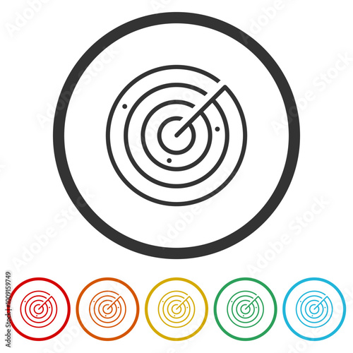 Radar screen with targets line icon. Set icons in color circle buttons