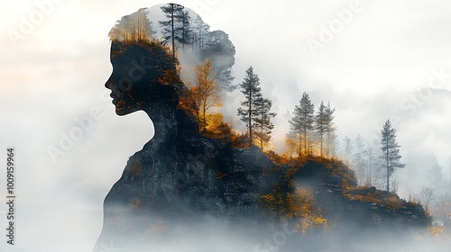 39. A mountain range with misty effects blending into the shape of a human silhouette, the transparent layers creating a surreal beauty that emphasizes the quiet power of nature 