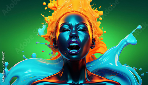 Red Orange Colors in 3D Flowing Over A Cruelly Screaming black beautiful woman , Red Glowing abstract Background.Generative AI photo