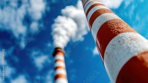 Two prominently striped smokestacks release dense steam into the atmosphere, set against a bright blue sky, capturing the essence of industrial progress.