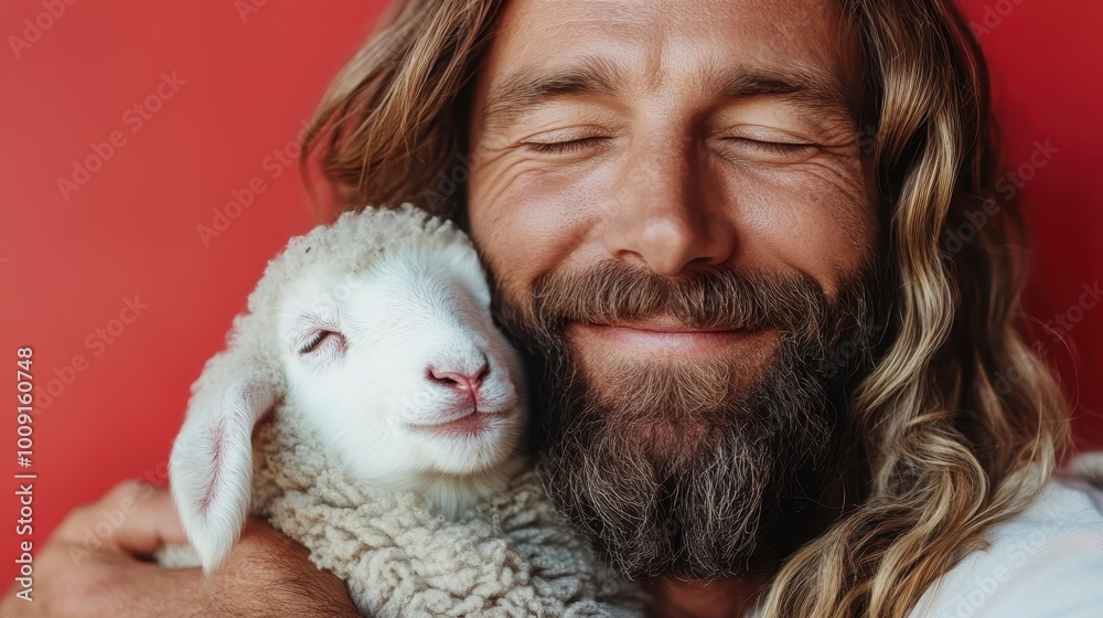 A man is captured in a moment of joy with eyes closed, blissfully embracing a sheep against a bold red background, symbolizing connection and affection. A man is captured in a moment of joy with eyes closed, blissfully embracing a sheep against a bold red background, symbolizing connection and affection.
