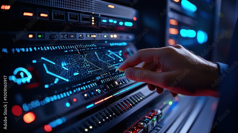 A hand reaches out to adjust a server's settings, blue lights illuminate the dark server room. A hand reaches out to adjust a server's settings, blue lights illuminate the dark server room.