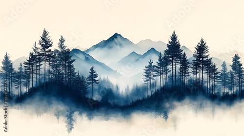 Fototapeta Naklejka Na Ścianę i Meble -  6. An abstract double exposure of a misty forest merging with a mountain silhouette, where the shapes flow seamlessly, symbolizing nature's vast beauty in layers and soft transitions 