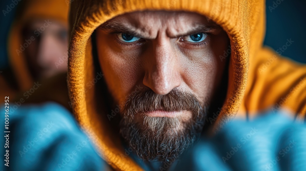 Determined bearded man in an orange hoodie, focused and intense, with clenched fists conveying strength and resolve, set against a moody background.