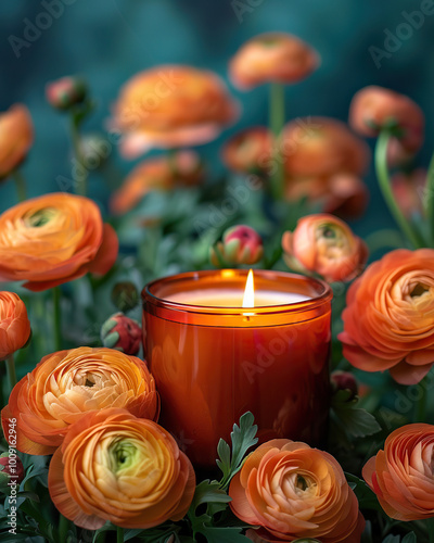 cute cozy candle in flowers photo