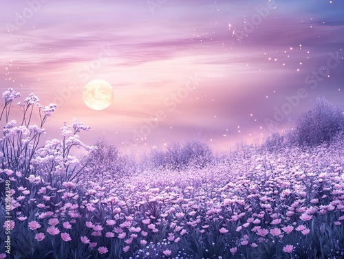 Enchanting Nightscape: A Poster of a Serene Field of Pink Flora Under a Full Moon, Perfect for Adding a Magical Touch to Any Space or Sporty Interior!
