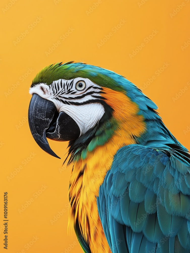 Blue and Yellow Parrot Head Shot on Orange Blue and Yellow Parrot Head Shot on Orange