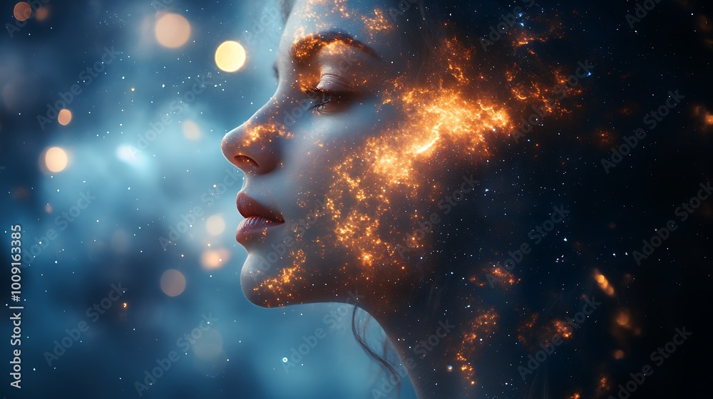 8. A double exposure of a sky filled with stars blending into a person's figure, creating a dreamlike scene where the cosmos and humanity are connected by soft transitions of light 8. A double exposure of a sky filled with stars blending into a person's figure, creating a dreamlike scene where the cosmos and humanity are connected by soft transitions of light