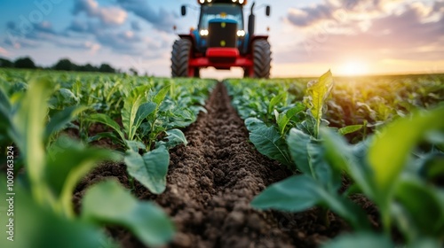 This vivid image portrays a tractor driving through a field of crops as the sun sets in the background, highlighting agricultural labor and rural life in vibrant colors.