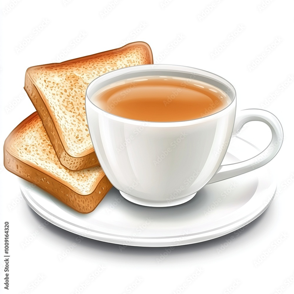 A cup of tea with two slices of toasted bread on a plate. A cup of tea with two slices of toasted bread on a plate.