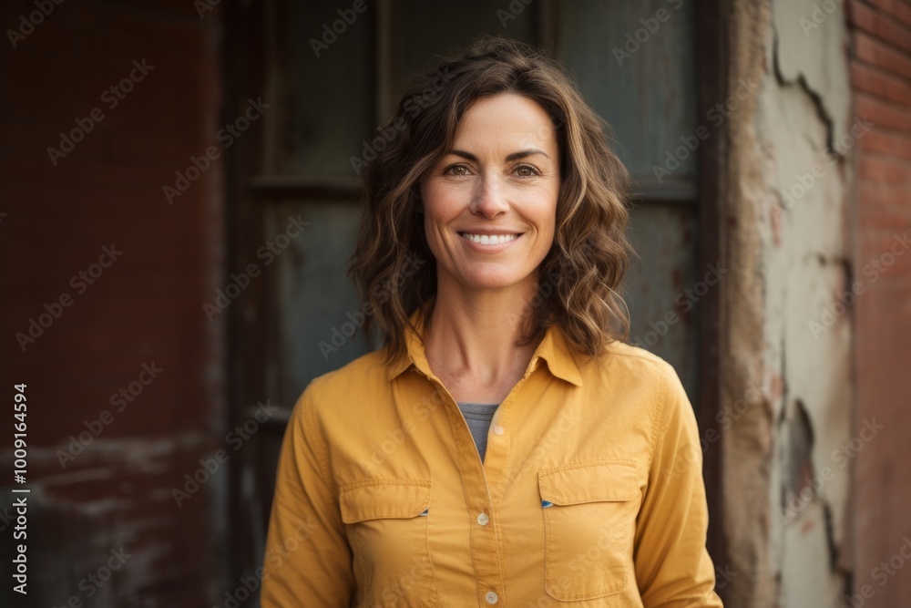 Portrait of a grinning woman in her 40s sporting a breathable hiking shirt over vintage brick wall Portrait of a grinning woman in her 40s sporting a breathable hiking shirt over vintage brick wall