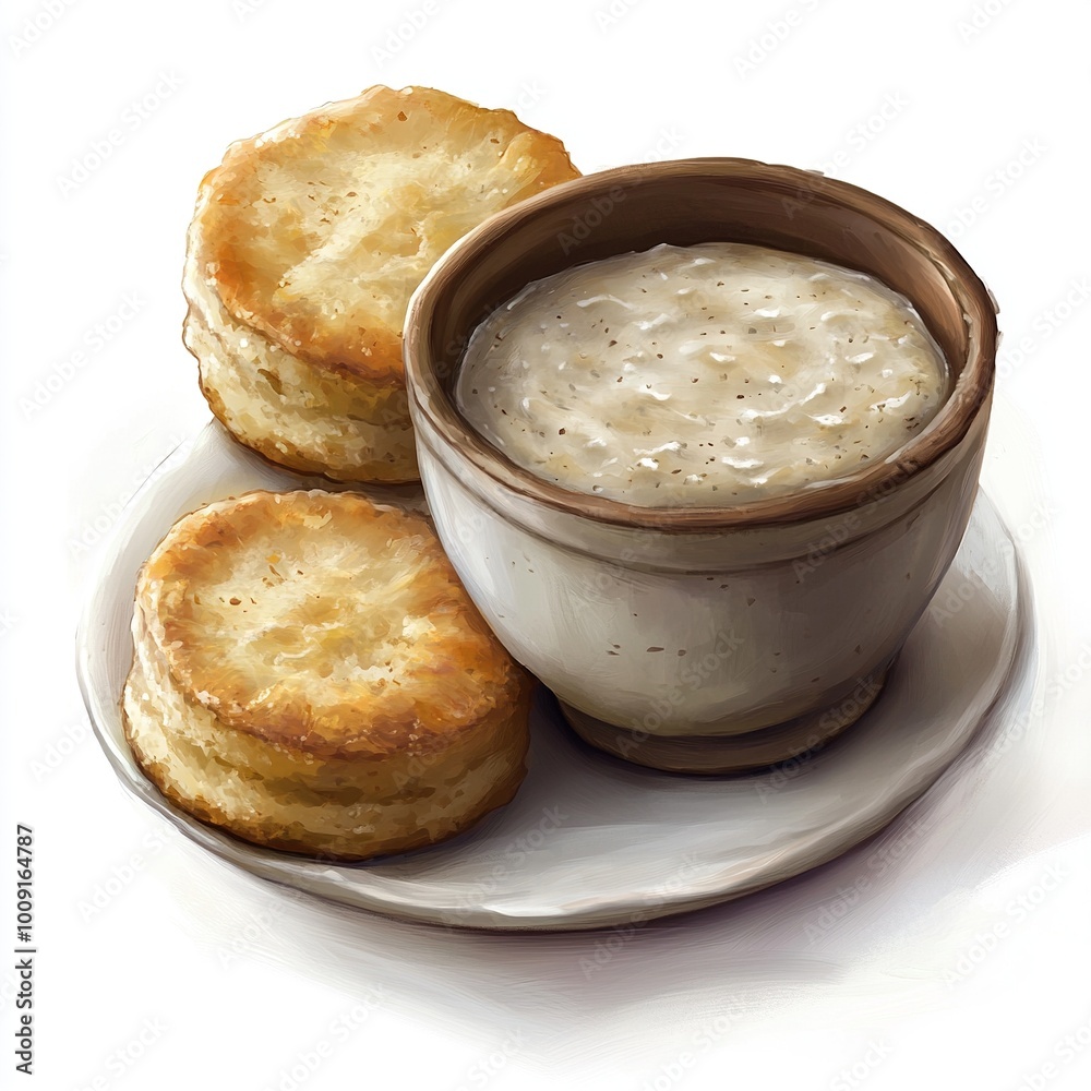A plate with two biscuits and a bowl of creamy oatmeal, suggesting a hearty breakfast. A plate with two biscuits and a bowl of creamy oatmeal, suggesting a hearty breakfast.