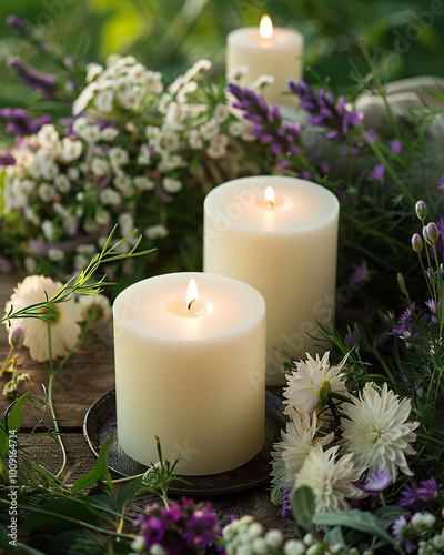 cute cozy candle in flowers photo