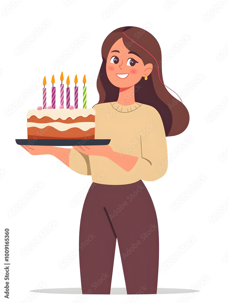 Happy young woman holding Birthday cake with candles isolated on white background flat style illustration Happy young woman holding Birthday cake with candles isolated on white background flat style illustration