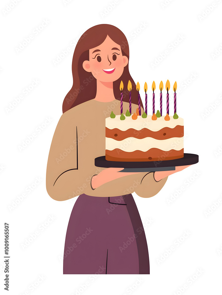 Happy young woman holding Birthday cake with candles isolated on white background flat style illustration Happy young woman holding Birthday cake with candles isolated on white background flat style illustration