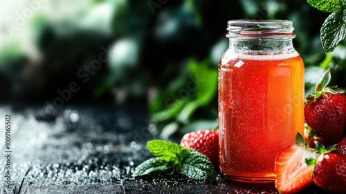 A clear glass jar containing a vibrant red strawberry drink garnished with fresh mint leaves, set on a dark textured surface for an inviting presentation. photo