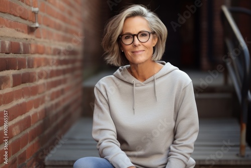 Portrait of a content woman in her 50s dressed in a comfy fleece pullover isolated on vintage brick wall